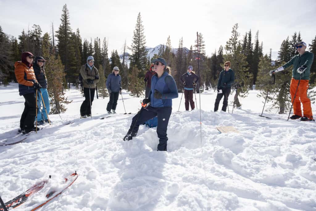 Students practicing avalanche rescue during an AIARE Level 1 Avalanche Course in Mammoth Lakes, California