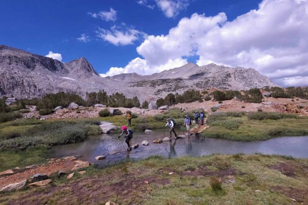Hiking over Bishop Pass on day 1 of the Evolution Loop